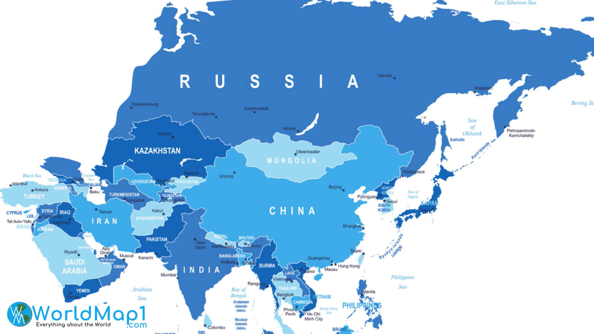 Carte de la Russie avec le Moyen-Orient et l'Asie